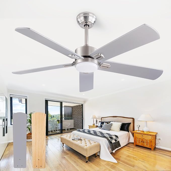 QUTWOB 52" Ceiling Fans with Light and Remote,Farmhouse 5 Blades Quiet Reversible DC Motor Ceiling Fans for Modern Indoor/Outdoor/Patio/Living Room/Bedroom(Silver/burlywood)
