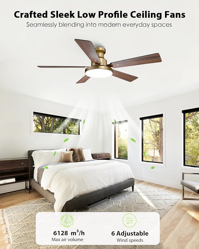 52 Inch Low Profile Gold Ceiling Fans with Lights and Remote/App, Modern Flush Mount Black and Gold Ceiling Fan, 12.2'' Large 3CCT LED Light Panel,6-Speed Quiet Motor for Bedroom Living Room
