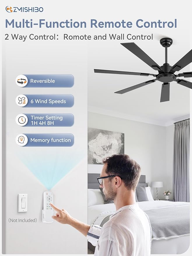 ZMISHIBO 60" Ceiling Fans No Light with Remote, Black Modern Ceiling Fan Without Light, Quiet Reversible DC Motor, 6 Speeds, 7 Blades Indoor/Outdoor Ceiling Fan for Living Room Bedroom Patio Garage