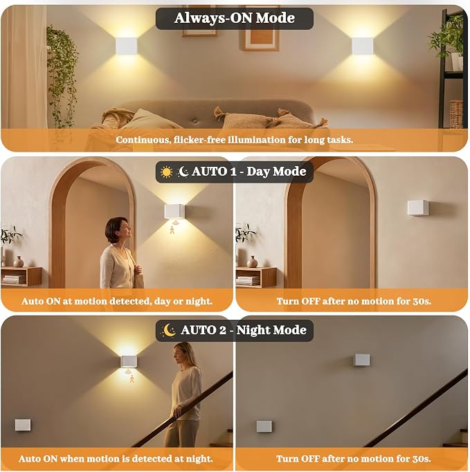 Rechargeable Motion Sensor Wall Light Indoor Set of 2, 6000mAh Cordless Battery Operated Wall Sconce Up Down with Touch & Remote Control, 3 Colors Dimmable Battery Powered Stick On Wall Lights, White