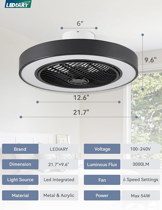 LEDIARY 22in Enclosed Ceiling Fans with Lighst and Remote, Black Modern Bladeless Ceiling Fan with Bright Light, Led Flush Mount Ceiling Fan for Bedroom, Living Room, Kid Room(6 Speeds, 3000-6000K)