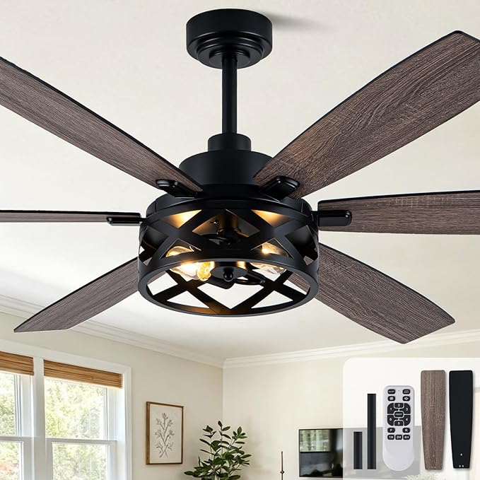 Bella Depot 60" Ceiling Fan with Light, Farmhouse Chandelier Ceiling Fan with Lights and Remote, Caged Rustic Indoor Fandelier with Silent Motor for Dining Living Room Bedroom, (bulbs not included)