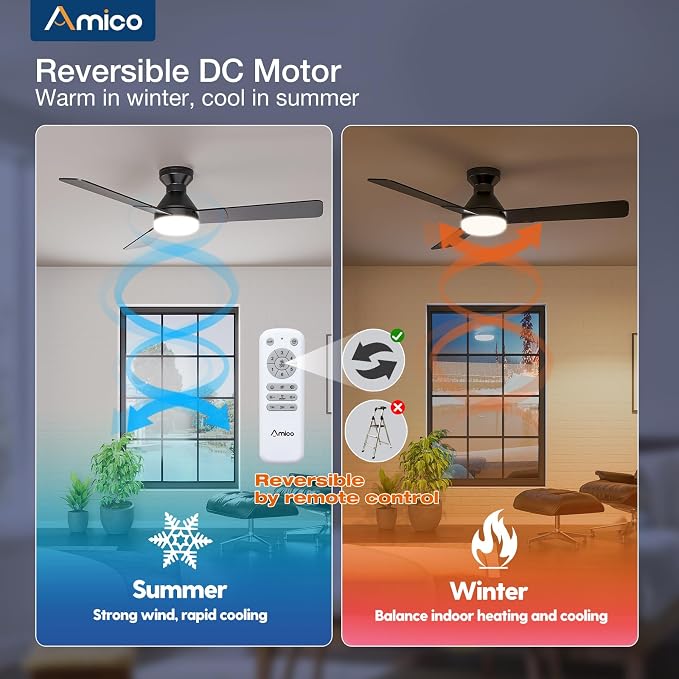 Amico Ceiling Fans with Lights, 52 inch Low Profile Ceiling fan with Light and Remote Control, Flush Mount, Reversible, 3CCT, Dimmable, Noiseless, Black Ceiling Fan for Bedroom, Indoor/Outdoor Use