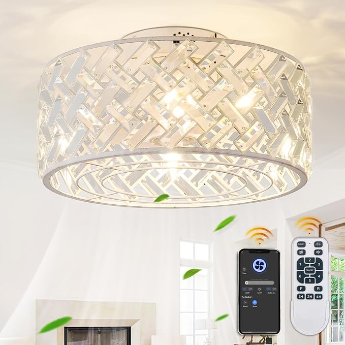 18 Inch Caged Ceiling Fan with Light and Remote, Painted White Flush Mount Fandelier Ceiling Fan with Remote & App Control, Quiet DC Motor Low Profile Crystal Ceiling Fan for Bedroom, Kitchen