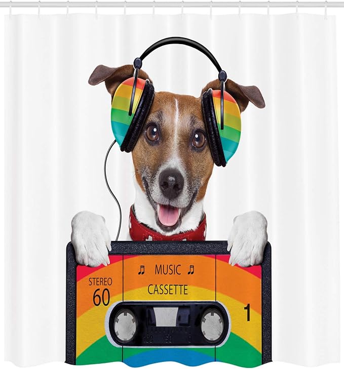 Ambesonne Popstar Party Shower Curtain, Dog Listening to Music from an Old Cassette of The 80's Colorful Headphones, Cloth Fabric Bathroom Decor Set with Hooks, 69" W x 70" L, Brown Multicolor
