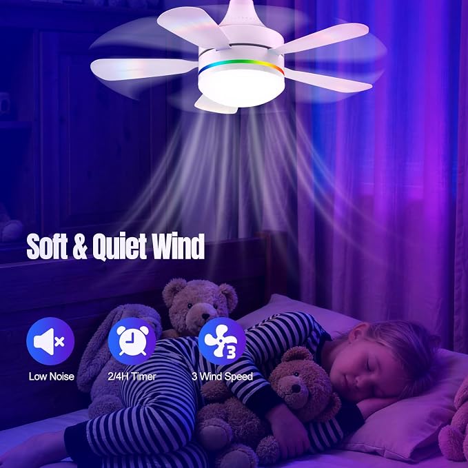 Socket Ceiling Fan with Light, E26 Base 17.5in - 3000LM Ultra Bright, Dimmable 3000K-6500K & RBG, 6 Speeds with Remote, Reversible Motor for Bedroom, Living Room, Kitchen