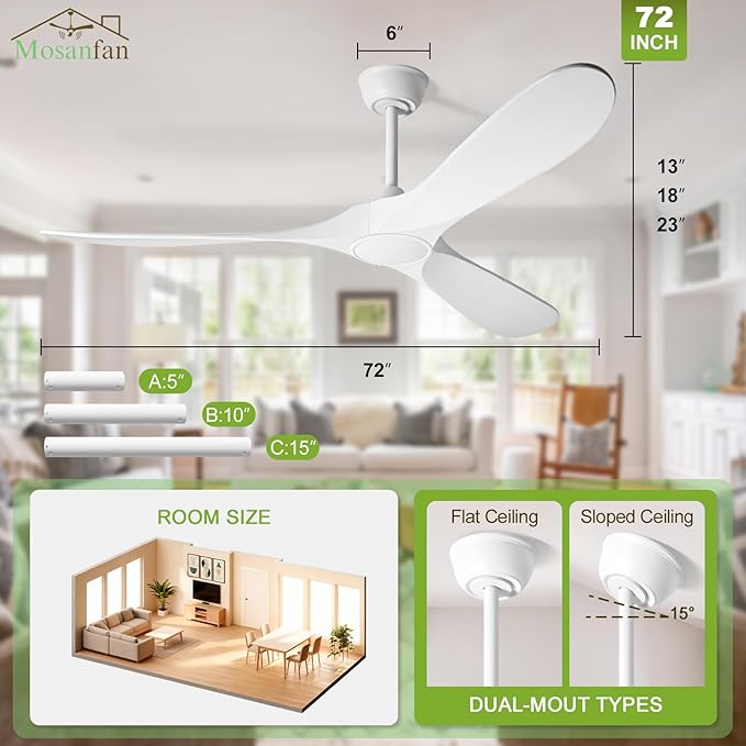 72 Inch Ceiling Fans with Lights and Remote, Wood Outdoor Ceiling Fan with 6 Speed Noiseless DC Motor, Indoor Modern 3 Blade Propeller Ceiling Fan for Bedroom Living Room Gazebo Patio (White)