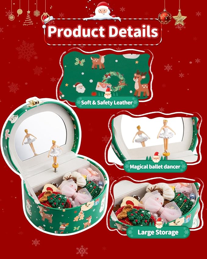 VLANDO Gifts for Girl, Musical Jewelry Box for Girls, Small Kid Music Box with Ballerina for Party Bedroom Decor, Gifts for Girls Kids - Christmas Green