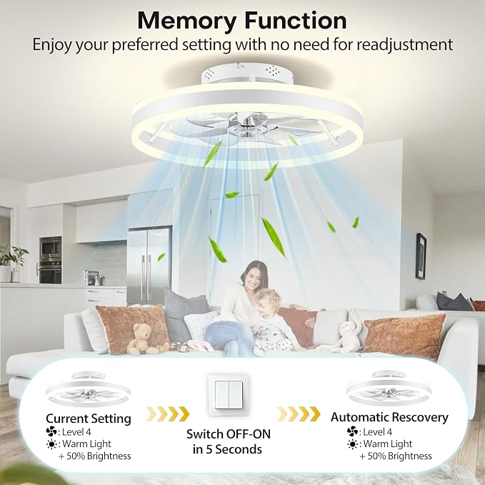 Ceiling Fans with Lights and Remote, 20" Low Profile Flush Mount Ceiling Fan, Pre-Assembled Design, Quiet DC Motor, 6 Wind Speeds, Dimmable 2700-6500K LED Light, Modern Ceiling Fan for Bedroom (White)