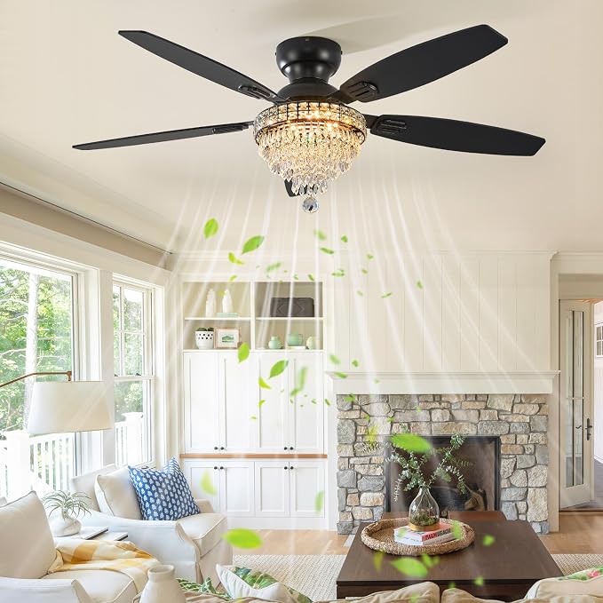 Crystal Ceiling Fan Fandelier with Lights-Ceiling Fans with Lights,54" Low Profile and Remote Control, Flush Mount, Reversible, Dimmable, Noiseless, Black Ceiling Fan for Bedroom