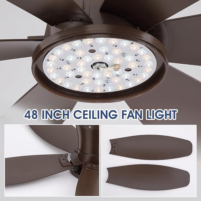 Surtime 48In Ceiling Fans with Light and Remote/APP Control, 6-Blade Reversible Motor Ceiling Fan, 3-Color Dimmable Lighting, All-Brown Finish