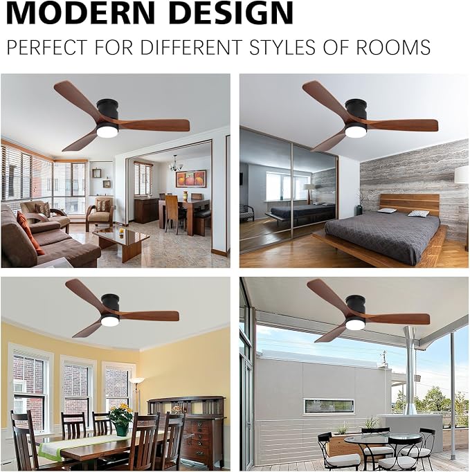 52" Dark Brown Ceiling Fan Flush Mount with Lights and Remote Control
