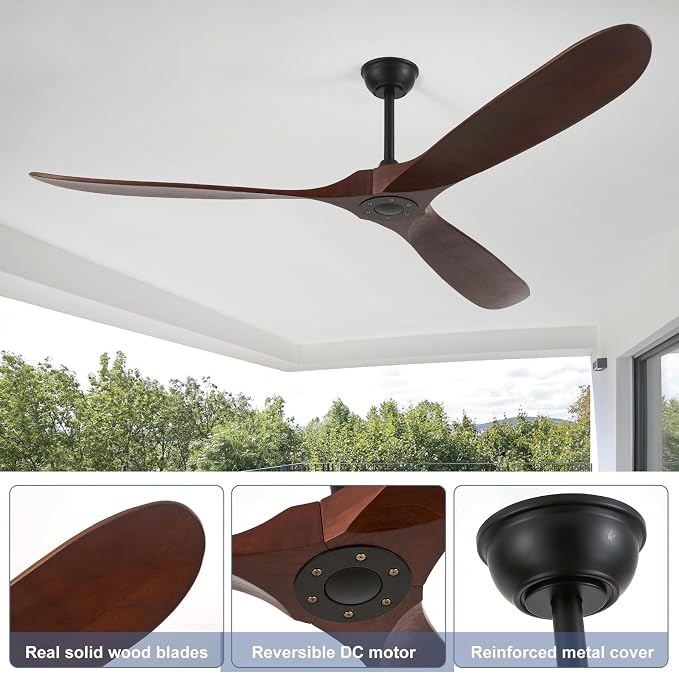 72inch Solid Wood Ceiling Fan no Light,Outdoor Ceiling Fan with Remote,DC Ceiling Fans with Large Airflow for Patios,Gazebos,Living Room,Farmhouse (dark walnut)