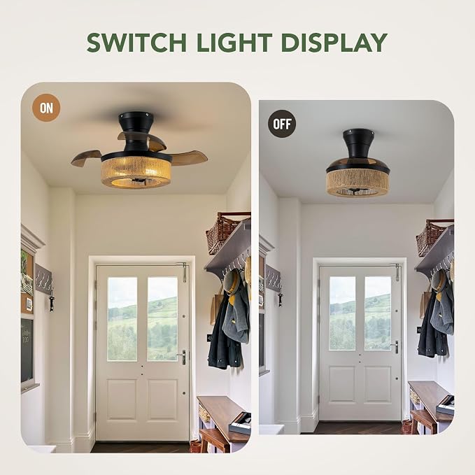 28'' Retractable Ceiling Fan with Lights, Flush Mount Small Caged Low Profile Ceiling Fan with Remote Invisible Blades 6 Wind Speeds farmhouse Fandelier for Kids Nursery Room, Bedroom, Kitchen