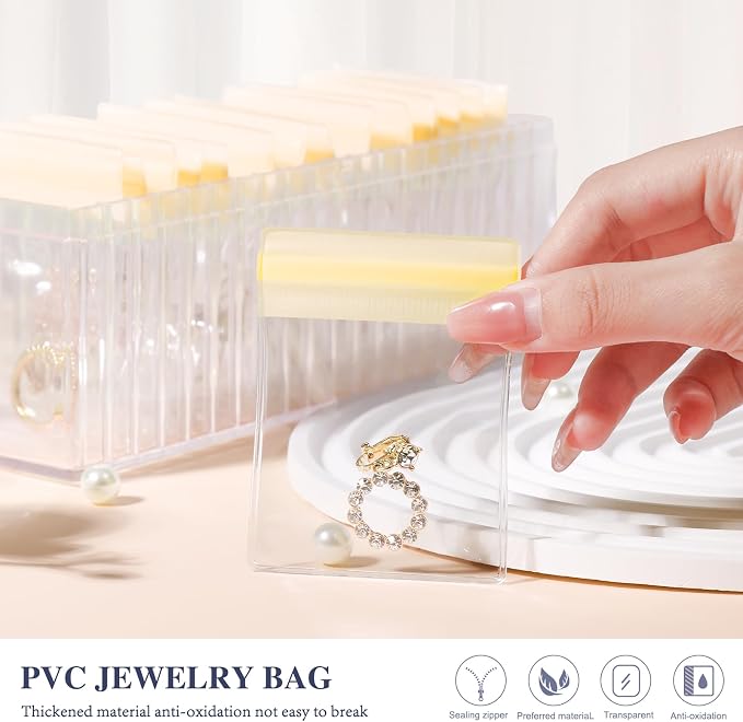 HOMEHIVE Acrylic Jewelry Box Organizer, Clear Jewelry Organizer Holder with 20 Portable Anti Tarnish Jewelry bags, Travel Jewelry Case for Earrings/Rings/Necklaces for Women Girls, Yellow