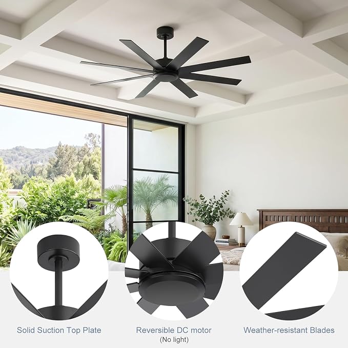 52 Inch Ceiling Fan No Light, Modern Ceiling Fan with Remote Control, Quite DC Motor 8 Reversible Blades Indoor Outdoor Industrial Ceiling Fan without Light For Living Room Bedroom Patio Garage