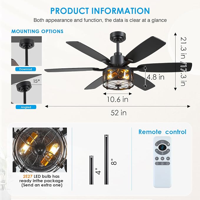 Hounberi 52" Farmhouse Ceiling Fans with Lights and Remote, Black Industrial Ceiling with Seeded Glass, 6-Speed Reversible DC Motor, Caged Ceiling Fans for Living Room Bedroom