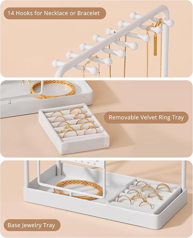 ProCase Jewelry Stand Holder Organizer and Storage, White (No-Assembly) | Rotating Earring Bracelet Holder Storage, Hanging Jewelry Display Velvet Ring Tray, Teen Girls Birthday Gifts Room Dorm Decor