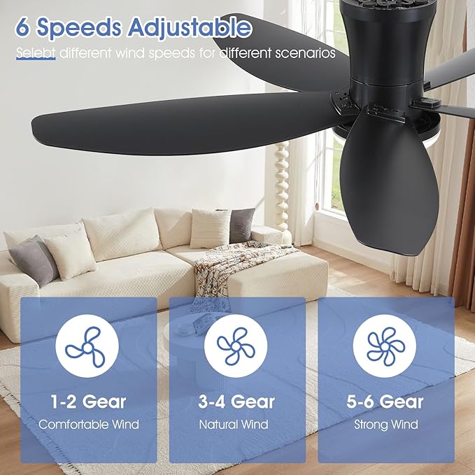 Surtime 42" Ceiling Fans with Lights-Low Profile Ceiling Fan with Light and Remote Control,Flush Mount,DC Reversible,LED Dimmable Blakc Ceiling Fans for Bedroom,Indoor/Outdoor Patio Use