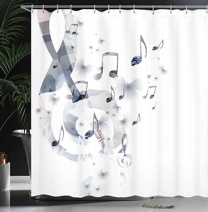 Ambesonne Music Shower Curtain, G-Clef Key Instrument Creative Rhythmic Ornate Motifs Digital Design Print, Cloth Fabric Bathroom Decor Set with Hooks, 69" W x 84" L, Soft Grey