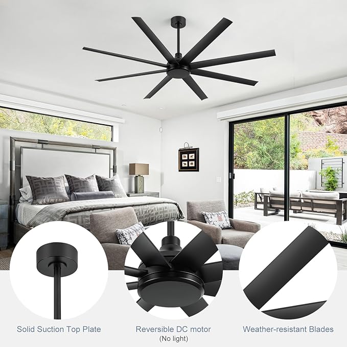 65 Inch Ceiling Fan No Light, Modern Ceiling Fan with Remote Control, Quite DC Motor 8 Reversible Blades Indoor Outdoor Industrial Ceiling Fan without Light For Living Room Bedroom Patio Garage-Black