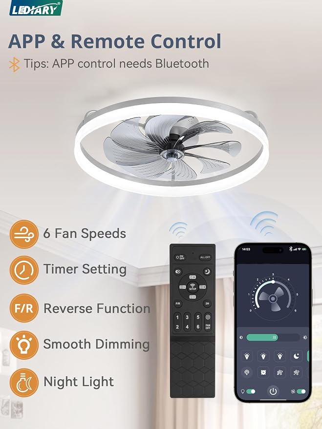 LEDIARY Ceiling Fans with Lights, 23 inch Low Profile Flush Mount Ceiling Fan, Dimmable LED, APP & Remote Control, Quiet Reversible DC Motor, 6 Speeds, Fandelier for Bedroom, Grey