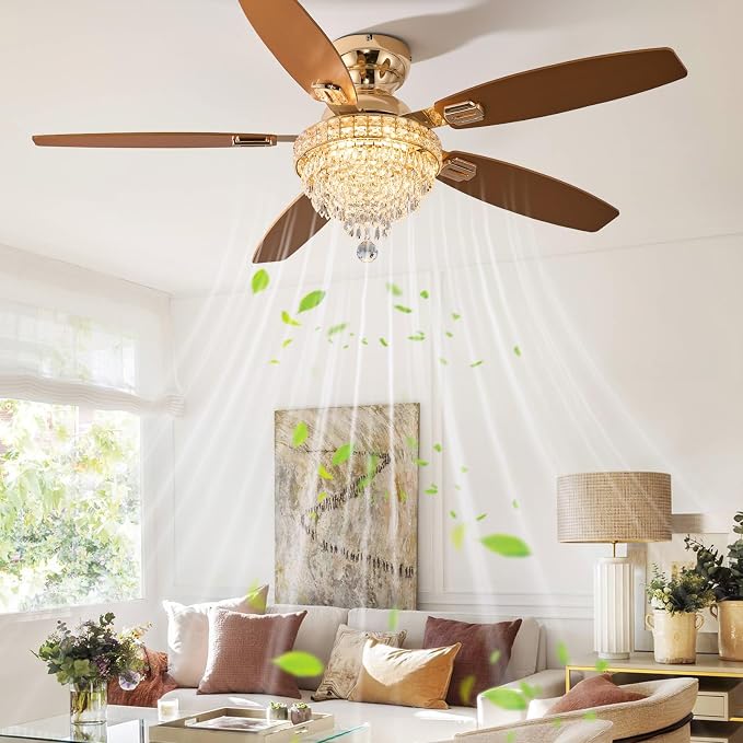 Crystal Ceiling Fan Fandelier with Lights-Ceiling Fans with Lights,54" Low Profile and Remote Control, Flush Mount, Reversible, Dimmable, Noiseless,Gold Ceiling Fan for Bedroom