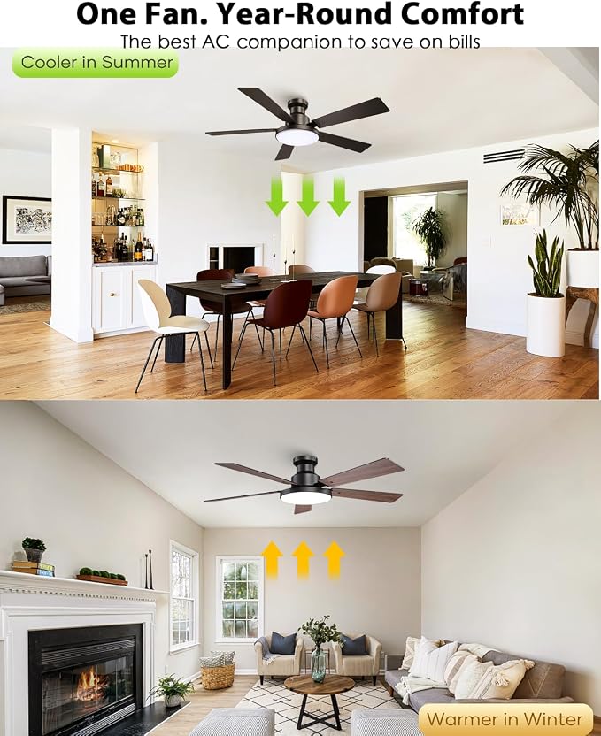 52 Inch Low Profile Black Ceiling Fan with Lights, 12.2'' Large 3CCT LED Light Panel, APP & Remote, 6-Speed Quiet Reversible DC Motor, Modern Flush Mount Ceiling Fan for Bedroom Living Room