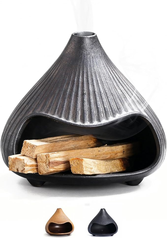 Retro Ceramic Palo Santo Holder, Sage Smudge Burner, Mini Fireplace Mount Fuji Chimney Incense Ash Catcher, Boho Zen Meditation Home Decor Gift (Matte Black)