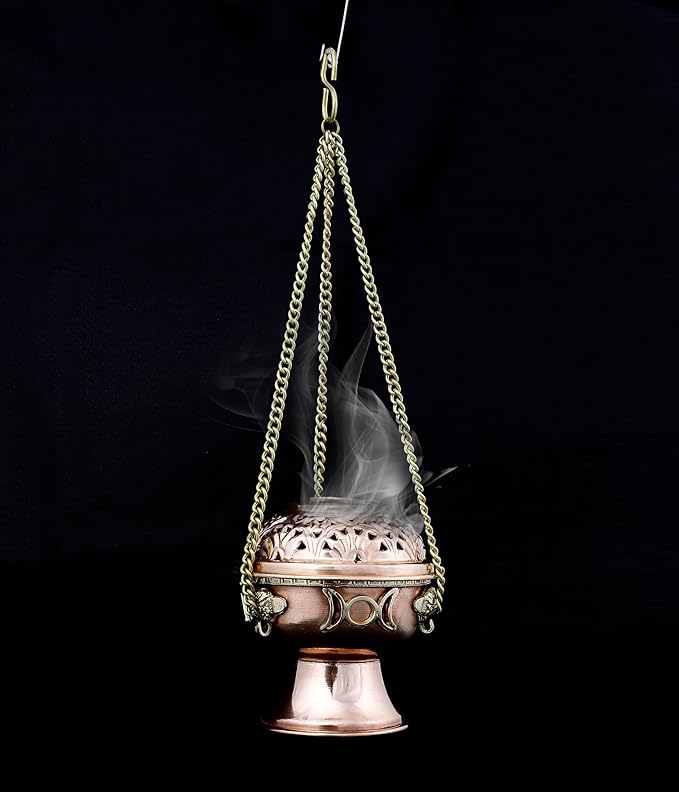 Indian Consigners Copper Altar Incense Charcoal Burner Holder with Chain (Triple Moon)