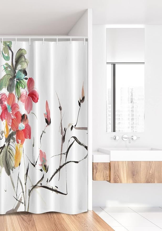 Ambesonne Japanese Stall Shower Curtain, Popular Early Period Watercolors Print with Vivid Floral Motifs Art Picture, Fabric Bathroom Decor Set with Hooks, 36" W x 72" L, Coral Green