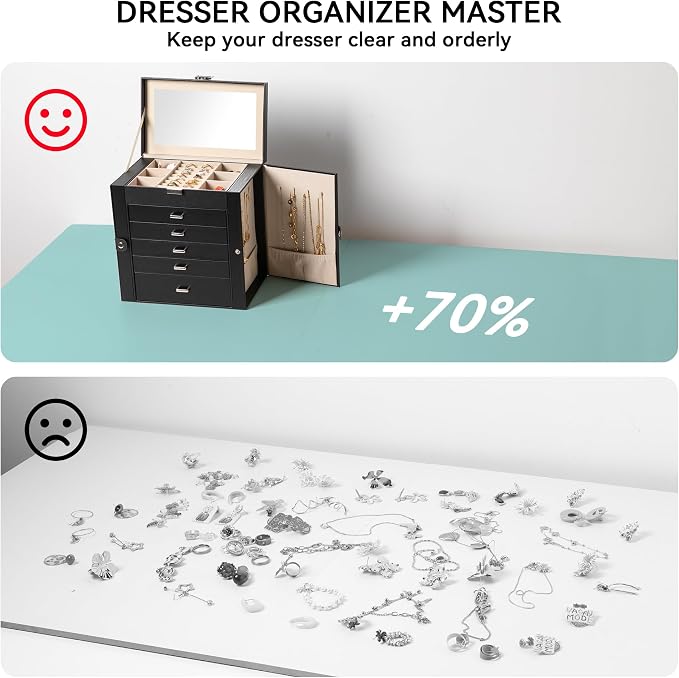 Frebeauty 6-Layer Jewelry Box for Women,Large Jewelry Organizer with Drawer | Faux Leather,Built-in Mirror,Spacious Jewelry Storage,16 Necklace Hooks,Organizing by Category for Rings Earrings Bracelet