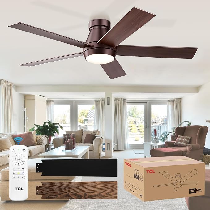 TCL Ceiling Fan with Light: Oil Rubbed Bronze Finish 5 Wood Grain Blade Low Profile Remote Control Flush Mount DC Reversible 3CCT Dimmable Noiseless Fan with Light for Indoor and Room