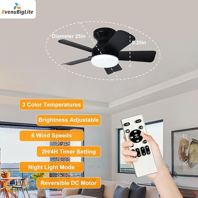 Ceiling fans with lights and Remote: 25 Inch Ceiling Fan with Light Low Profile - Flush Mount Ceiling Fan 5 Blades Reversible 3CCT Dimmable Noiseless for Bedroom (Black)