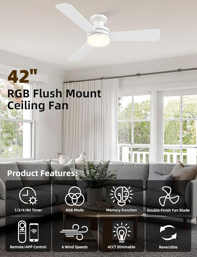 42" RGB Ceiling Fan with Light, Music Sync Smart Fan Works with Alexa/Google Assistant/App Control, Low Profile Flush Mount, 6-Speed Quiet DC Motor, 4 CCT Dimmable Lighting for Bedroom Living Room
