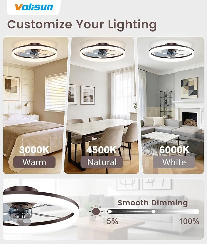 VOLISUN Low Profile Ceiling Fans with Lights and Remote, 20in Fandelier Ceiling Fan Flush Mount, 3000K-6500K Smart Bladeless LED Fan Light, Brown Modern Ceiling Fans with Lights for Bedroom