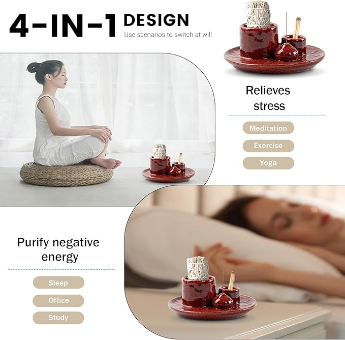 4 in 1 Palo Santo Holder, Ceramic Incense Holder, Sage Holder, Smudge Bowl, Palo Santo Burner, Incense and Candle Holder for Burning Sage for Smudge Meditation Yoga (Red)