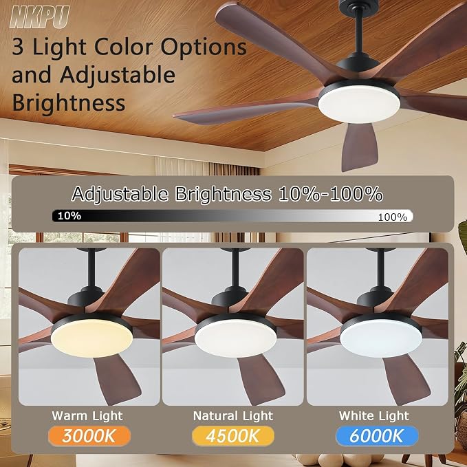 NKPU Ceiling Fans with Lights and Remote Control, 5 Solid Wood Blades, 3CCT Dimmable, Quiet DC Motor, 56 Inch Modern Outdoor Ceiling Fans for Bedroom Farmhouse Patios