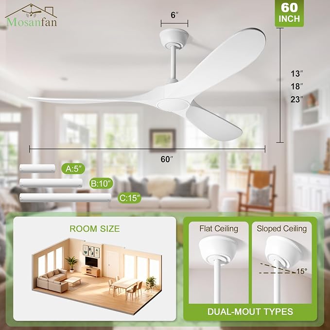 60 Inch Ceiling Fans with Lights and Remote, Wood Outdoor Ceiling Fan with 6 Speed Noiseless DC Motor, Indoor Modern 3 Blade Propeller Ceiling Fan for Bedroom Living Room Gazebo Patio (White)