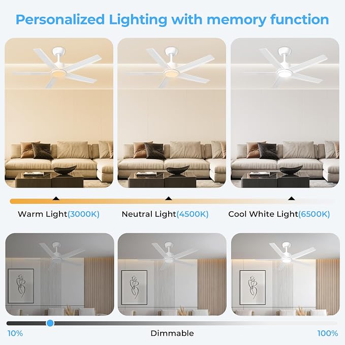 ocioc 44" Ceiling Fans with Lights,White Ceiling Fan with Light and Remote,Reversible Airflow,6 Speeds,Timer,Dimmable,Modern Ceiling Fan for Bedroom,Patios Indoor/Covered Outdoor Use
