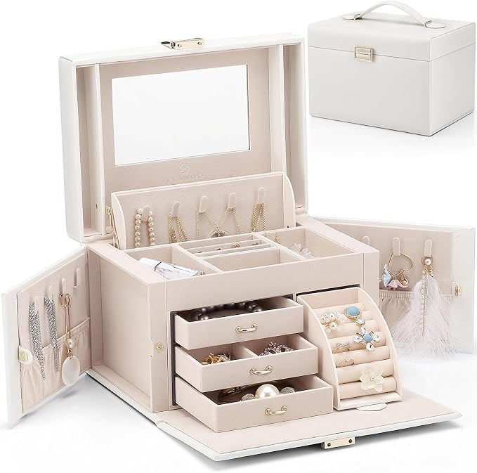 VLANDO Jewelry Box Organizer for Girls Women, Large Vintage Jewelry Storage Box with Mirror, Drawers for Bracelets, Earrings, Rings, Necklaces, Mothers Day Gifts for Loved One, White, Regular