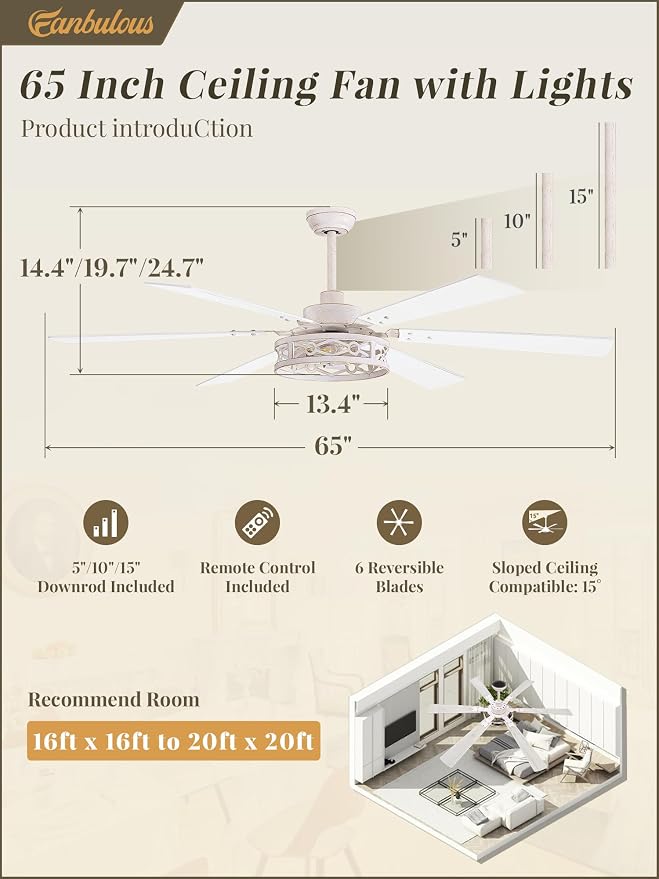 Fanbulous 65 Inch Ceiling Fan with Lights, Farmhouse Caged Ceiling Fans with Remote, White Industrial Ceiling Fans with Quiet Reversible DC Motor, Large Ceiling Fan for Living Room, Bedroom