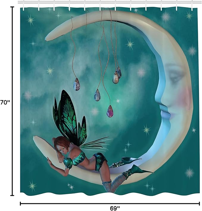 Ambesonne Moon Shower Curtain, Elf with Wings Toonimal Faeire Pixie Starry Sky Cosmic Artwork, Cloth Fabric Bathroom Decor Set with Hooks, 69" W x 70" L, Teal White