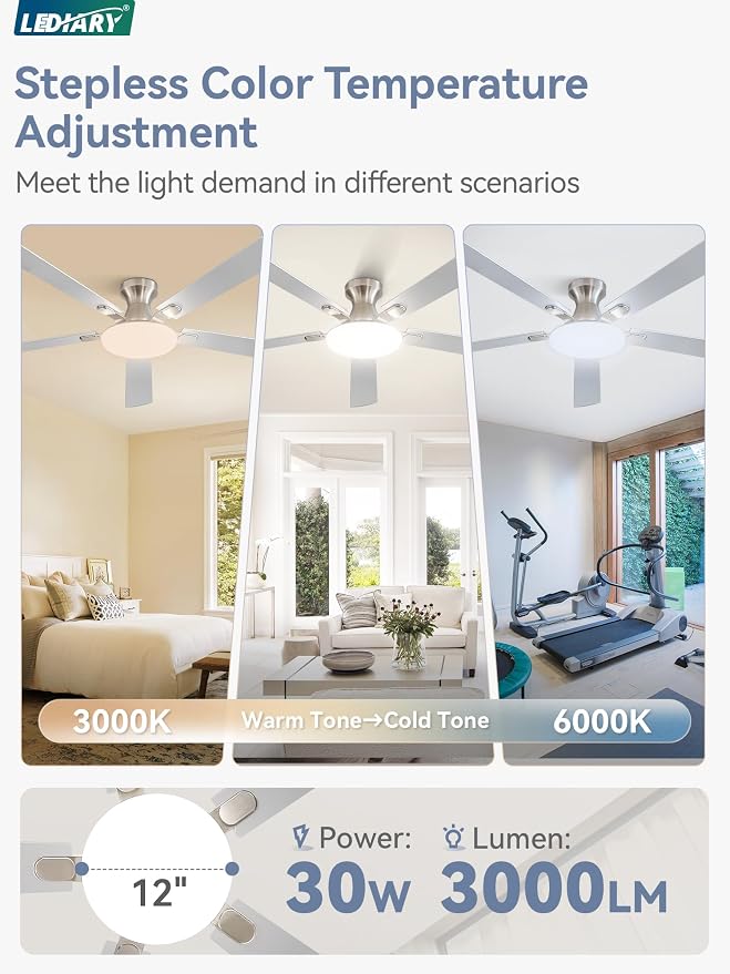 60 Inch Ceiling Fan with Lights and Remote, 30W 12" LED Panel Flush Mount Ceiling Fan, 6-Speed Quiet DC Motor Modern Low Profile Ceiling Fan with Reversible Blades for Bedroom, Living Room, Patio