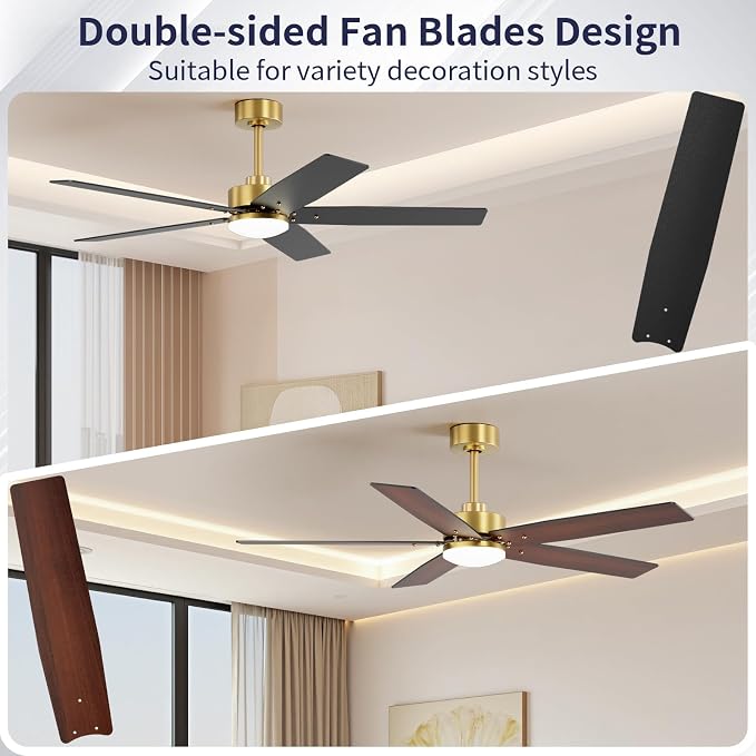 52 Inch Ceiling Fans with Lights and Remote for Bedroom Living Room Kitchen Home Office Indoor/Outdoor, 18W 3CCT Dimmable, Dual Color 5 Blades 6 Speed Reversible Quiet DC Motor, Gold/Wood Grain