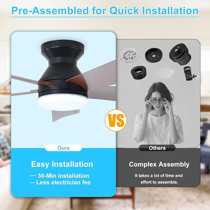 Depuley Modern Ceiling Fan with Light: 42-Inch Black Small Fans for Bedroom Indoor Outdoor - Dimmable Low Profile Ceiling Fans with Remote Control Flush Mount 5 Reversible Walnut Blades 6 Speeds Timer