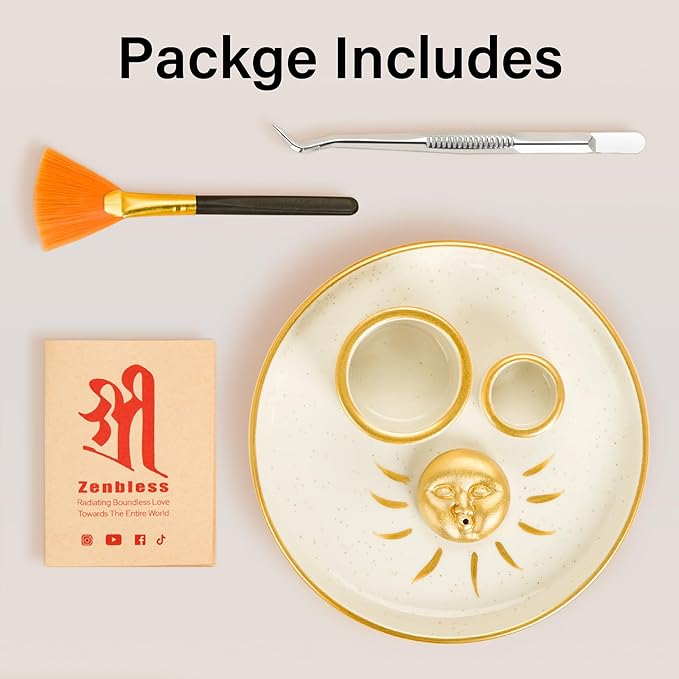 ZenBless Multifunction Incense and Candle Holder for Burning Sage, Palo Santo, Incense Sticks - 5.9" Ceramic Ash Catcher Tray for Meditation Room Home Decor Spritual Gifts(Gold Sun)