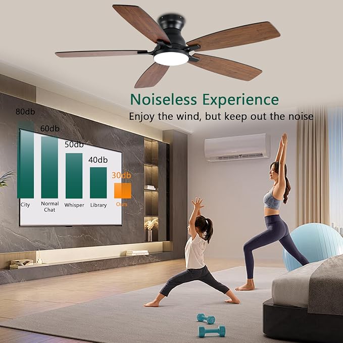 NKPU Ceiling Fans with Lights, Low Profile Ceiling Fan with Light and Remote/APP Control, DC Motor, Noiseless, Flush Mount, 52inch Brown Ceiling Fan for Bedroom Indoor/Outdoor Use