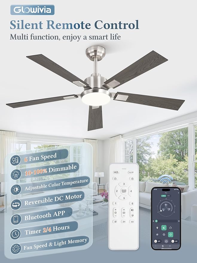 52 Inch Ceiling Fans with Lights and Remote&APP Control, Brushed Nickel Smart Ceiling Fan with 3000-6000K Dimmable, 6 Speeds Reversible, Indoor/Outdoor Ceiling Fan for Bedroom Living Room