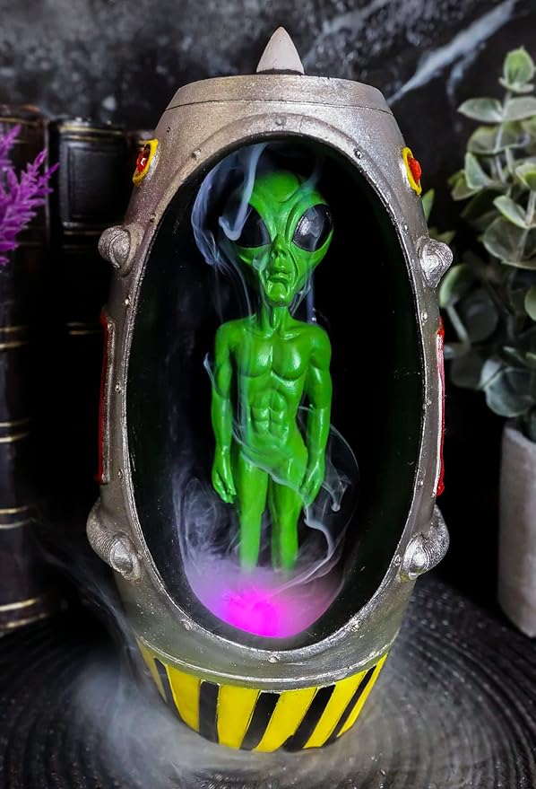Ebros Gift UFO Outer Space Extra Terrestrial Green Roswell Alien Earth Landing in Spaceship Capsule LED Light Backflow Cone Incense Burner Holder with Cascading Smoke Fog